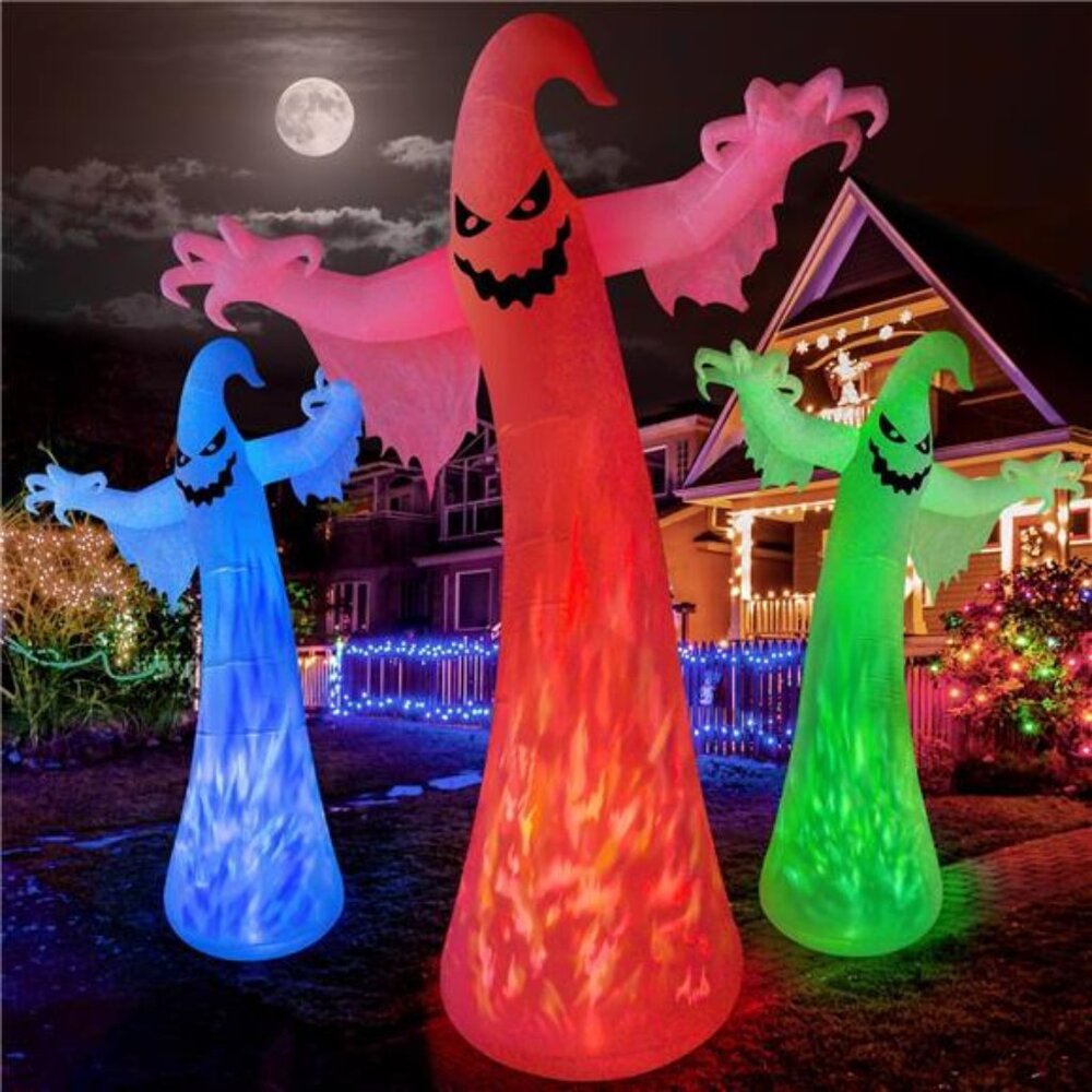12FT Giant Halloween Inflatables Ghost Decorations with 3-Colored Flame Rotation
